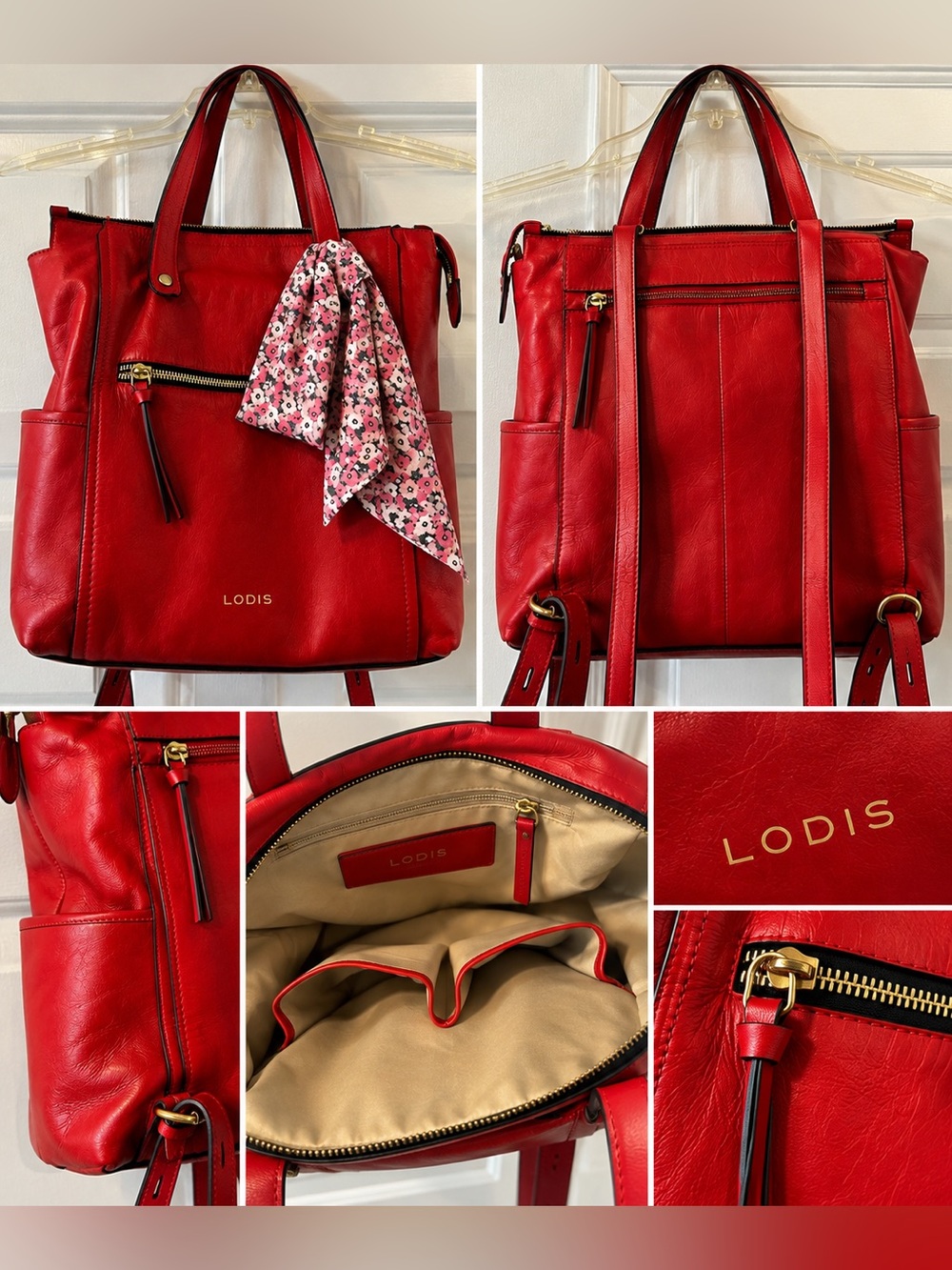 LODIS Red Leather Convertible Tote Backpack | Genuine Leather